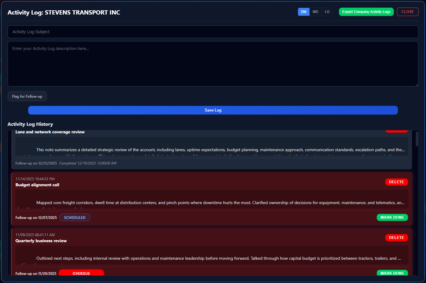ACTIVITYHUB single-account log and follow-up flags