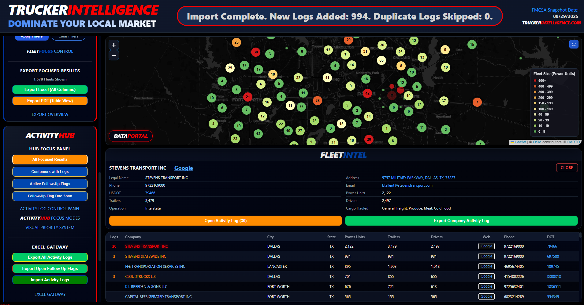 ACTIVITYHUB hub focus panel with map and fleet list