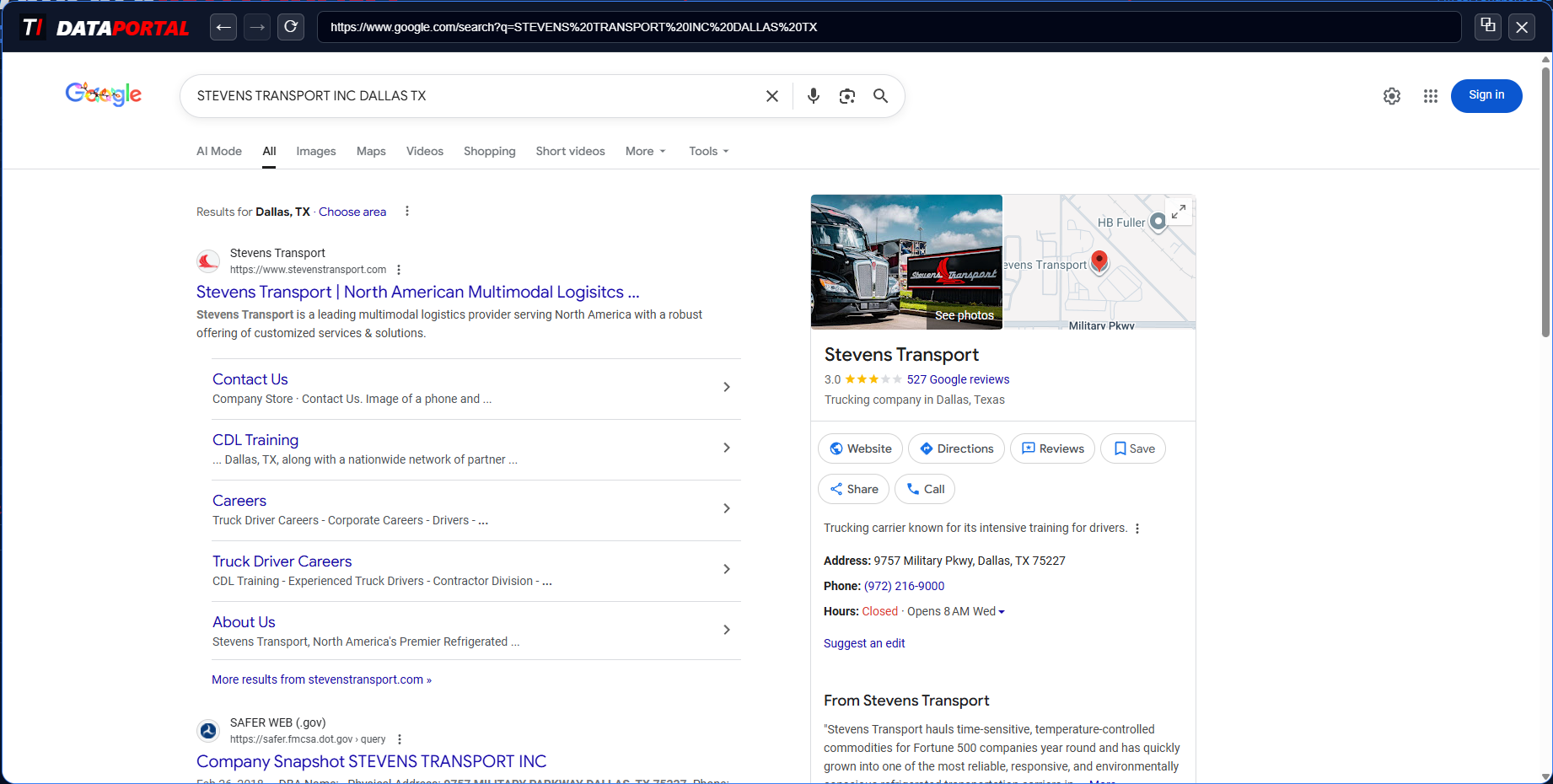 DATAPORTAL in-app Google search view