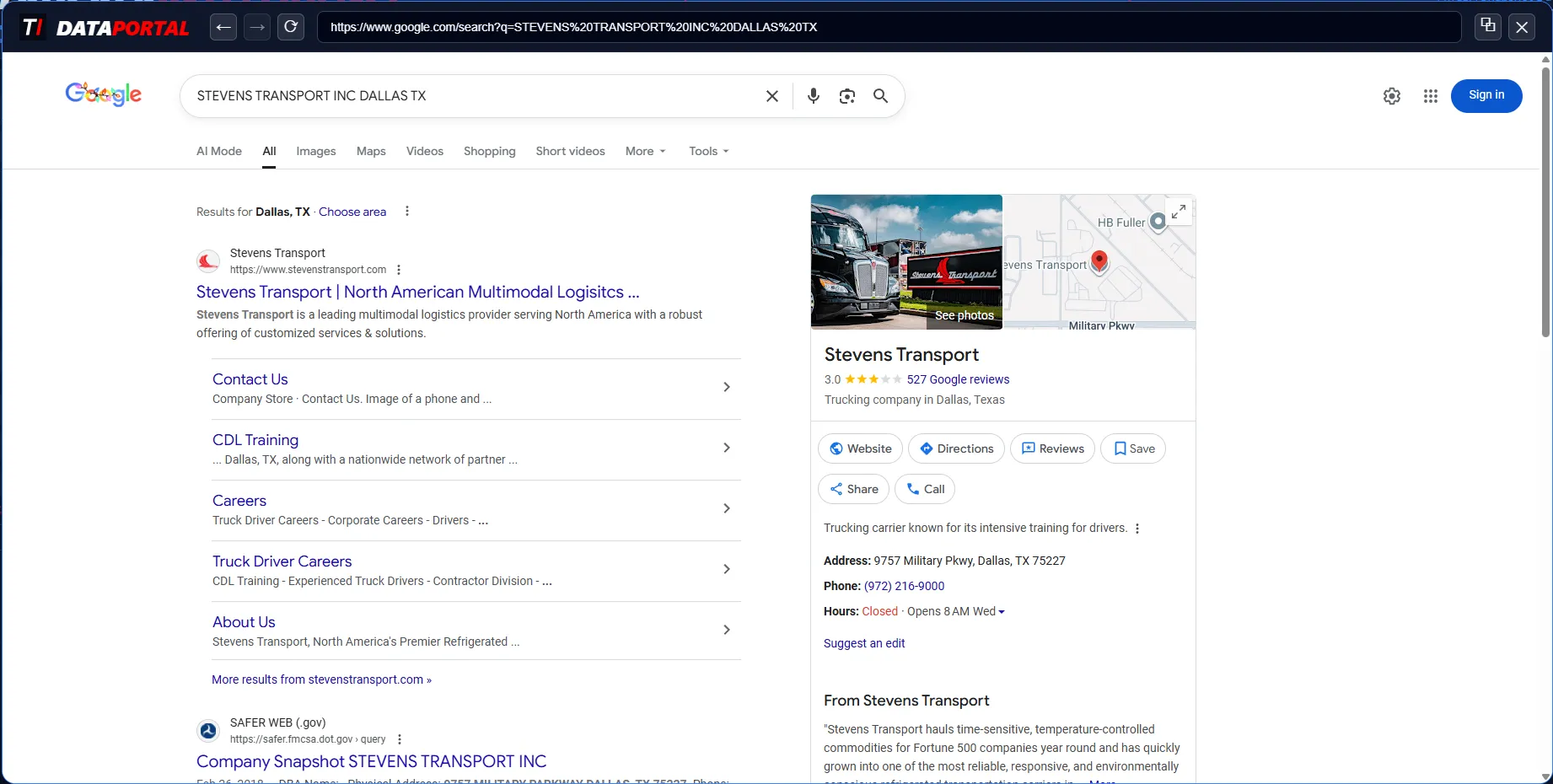 DATAPORTAL in-app Google search view