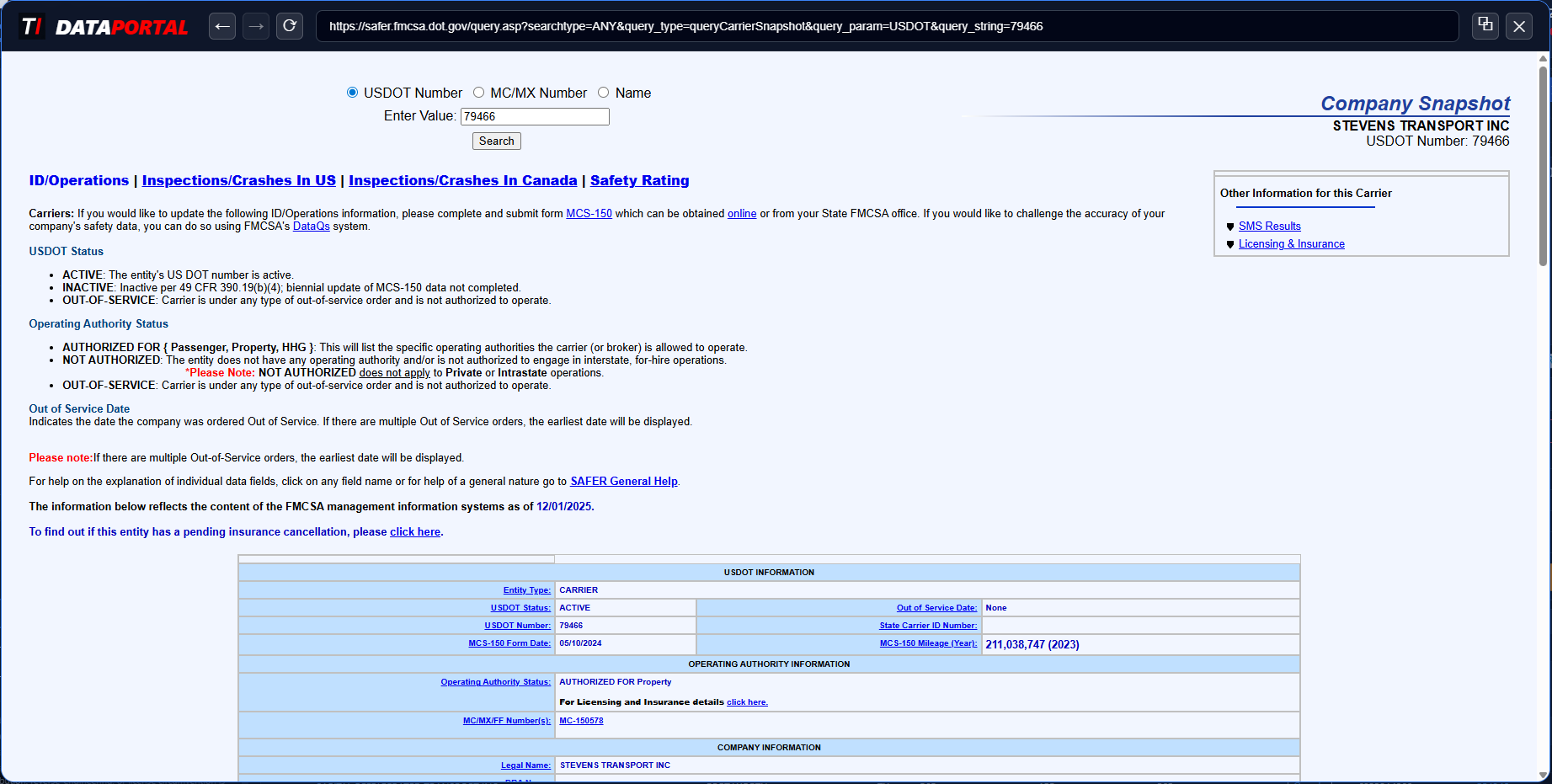 DATAPORTAL FMCSA SAFER Web integration