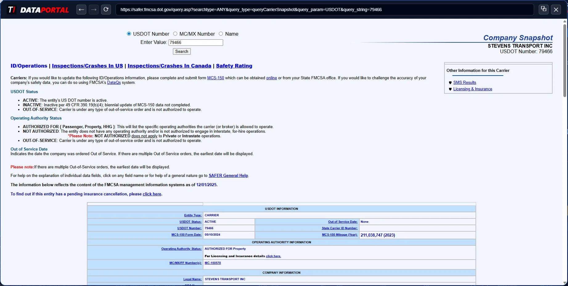 DATAPORTAL FMCSA SAFER Web integration
